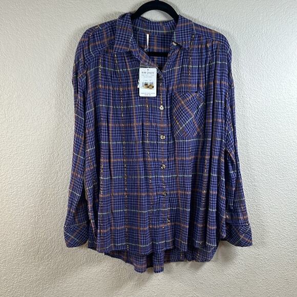 Free People Break My Stride Metallic Plaid Oversized Button Down Violet XS - Picture 11 of 11